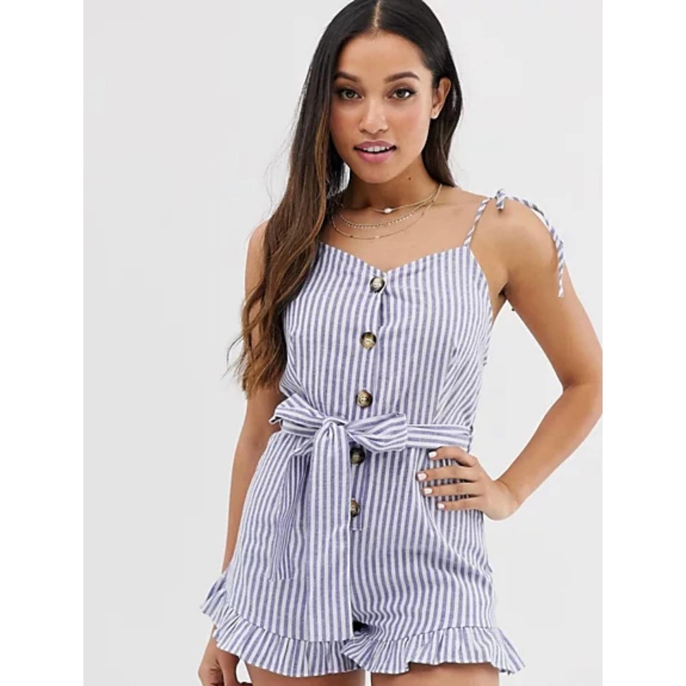Brave Soul Petite tie front stripe romper 12 Blue White